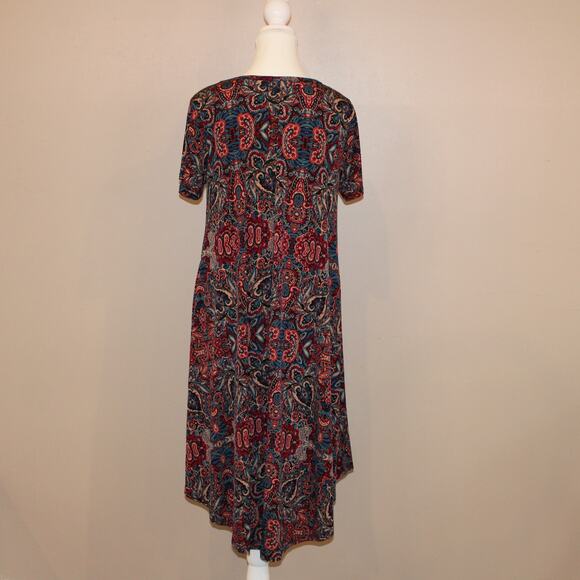 LulaRoe Carly Dress, size S, Paisley Burgundy, Tan & Blue hi-lo hem - Picture 4 of 6